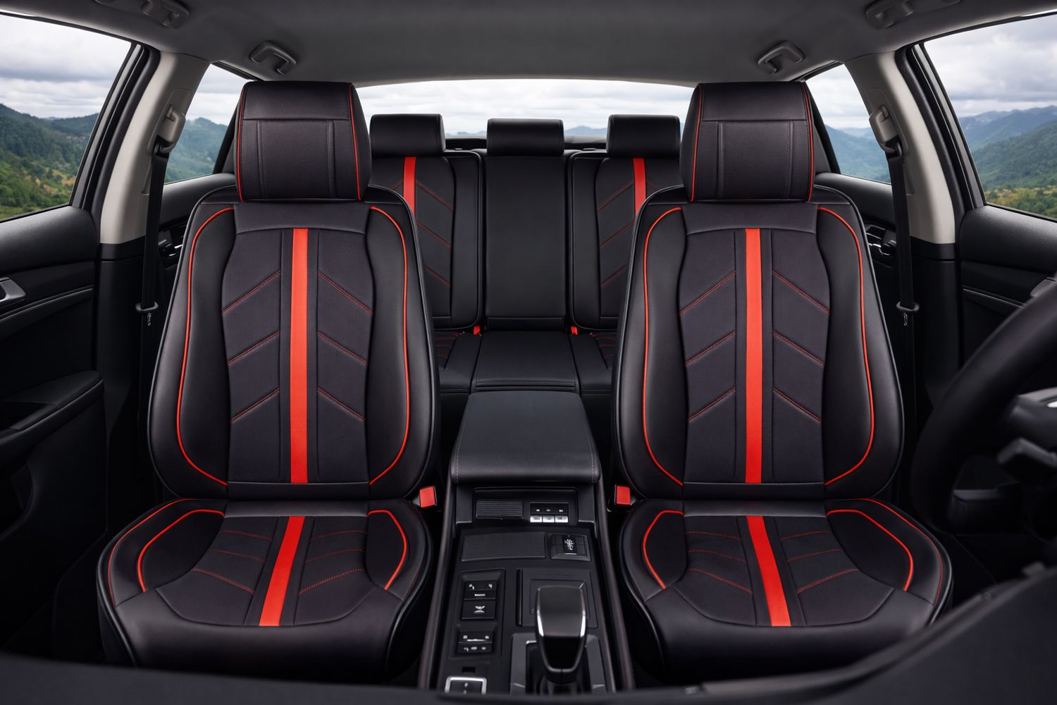 HUSE SCAUNE PENTRU MASINI UNIVERSAL NEGRU ROSU PIELE SET COMPLET