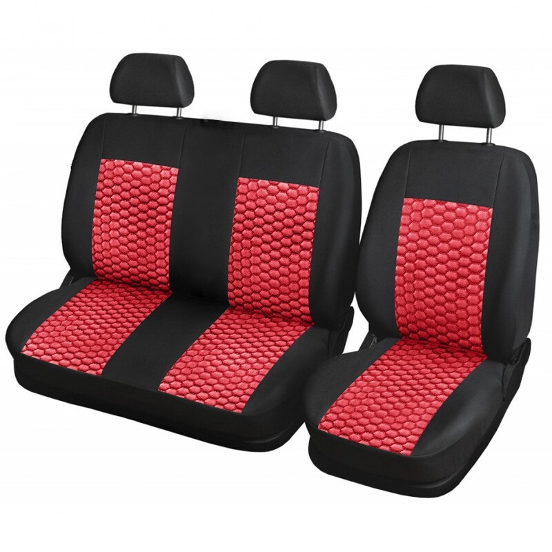 ​2+1 Huse Scaune pentru Ford Transit,Mercedes Sprinter,Opel Movano,Renault Master,VWCrafter,VW Transporter,VW LT,Peugeot Boxer,Citroen Jumper Nergu Rosu Lux PU Piele Textile