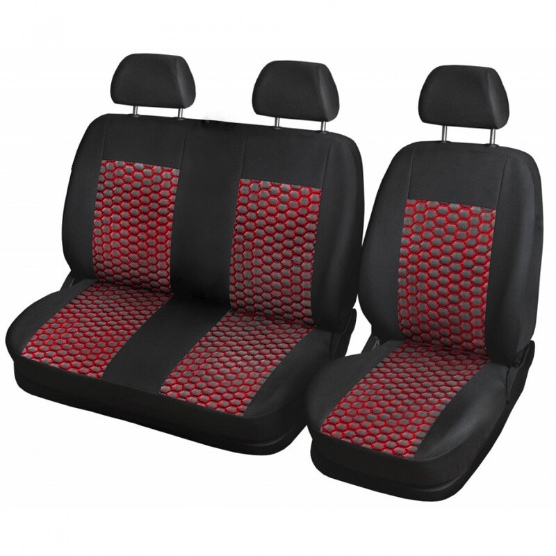 ​2+1 Huse Scaune pentru Ford Transit,Mercedes Sprinter,Opel Movano,Renault Master,VWCrafter,VW Transporter,VW LT,Peugeot Boxer,Citroen Jumper Nergu Rosu Lux PU Piele Textile