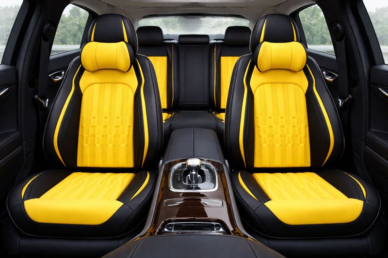 Premium Stilul Huse Scaune pentru Masini Auto Negru Galben Lux Piele Textil Universal cu Perne Premium Stilul Huse Scaune pentru Masini Auto Negru Galben Lux Piele Textil Universal cu Perne