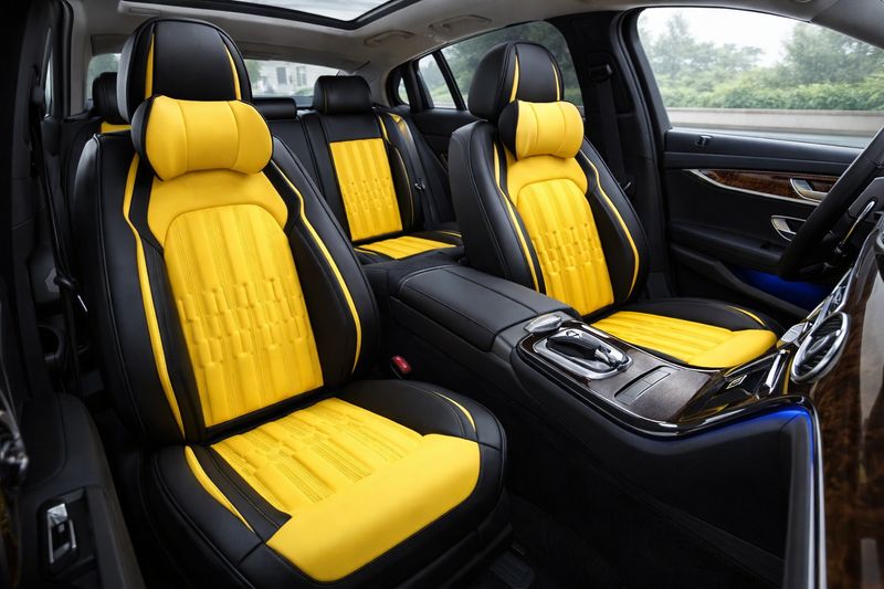 Premium Stilul Huse Scaune pentru Masini Auto Negru Galben Lux Piele Textil Universal cu Perne
