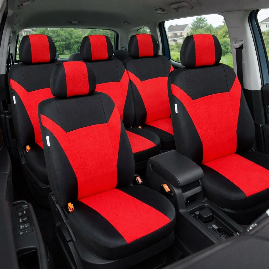 Huse Scaune 5 Locuri pentru Ford S-MAX, C-MAX, VW Touran, Sharan, Toyota Corolla Verso Masini Auto Universal Nergu Rosu Textil Set Complet