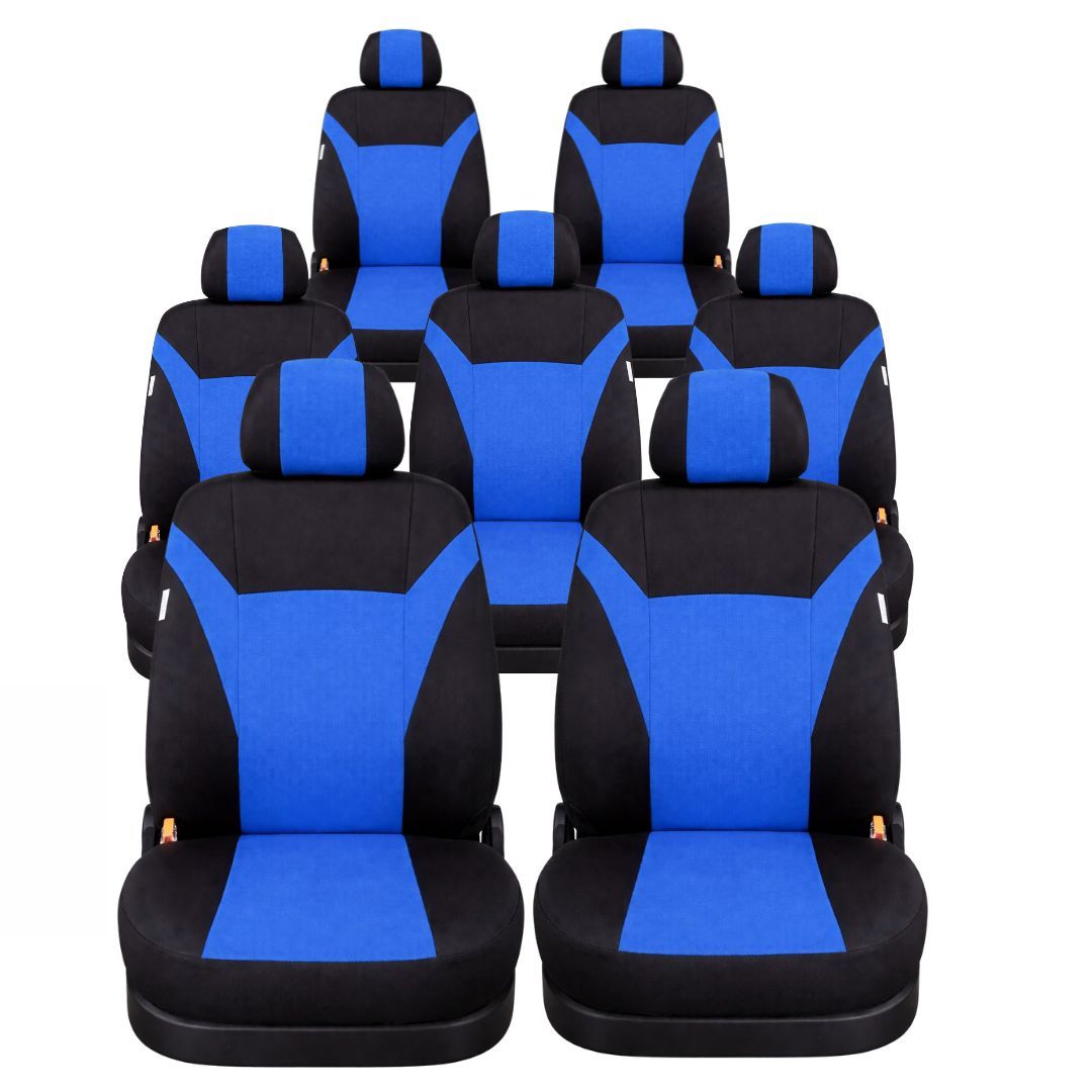 Huse Scaune 7 Locuri pentru Ford S-MAX C-MAX, VW Touran, Sharan, Toyota Corolla Verso Masini Auto Universal Nergu Albastru Textil Set Complet