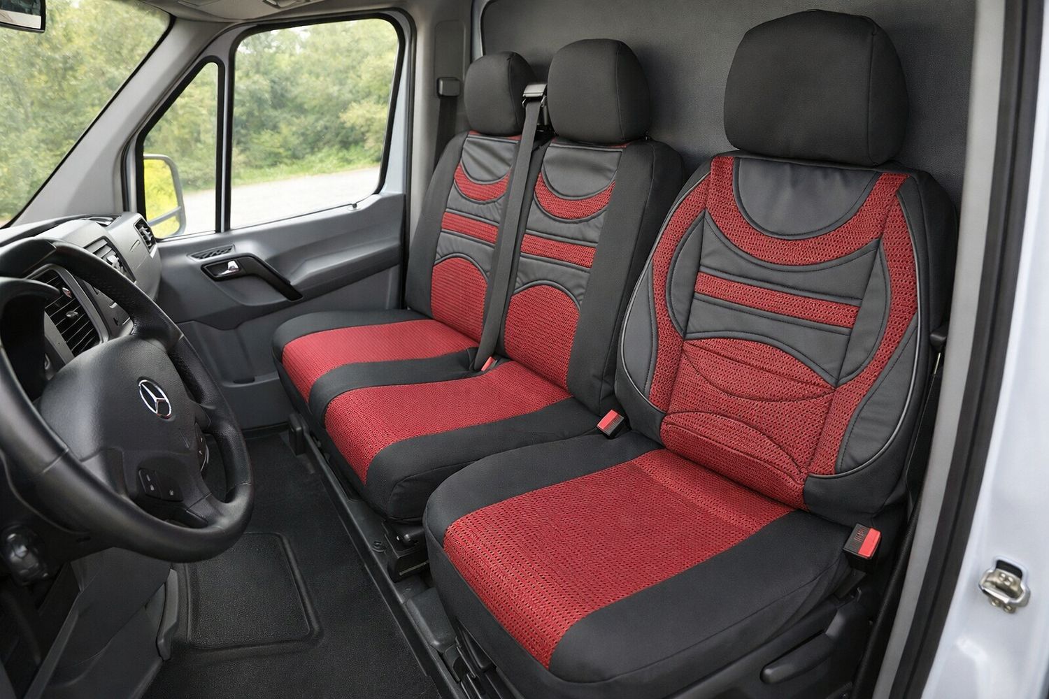 ​2+1 Huse Scaune Universal pentru Microbuze Negru Rosu  Textile Piele cu Suport Lombar