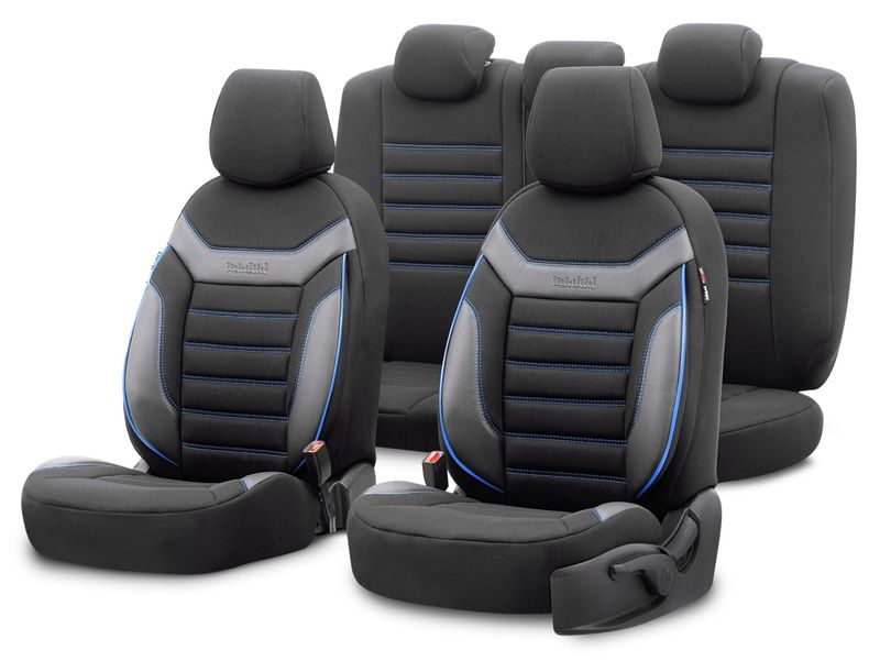 Otom Huse Scaune Auto Negru Lux Premium Piele ecologică si textil Set Complet INDIVIDUAL Design Negru cu cusături albastre
