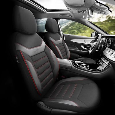 Otom Huse Scaune Auto Negru Lux Premium Piele ecologică si textil Set Complet INDIVIDUAL Design Negru cu cusături rosu