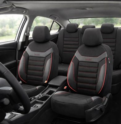 Otom Huse Scaune Auto Negru Lux Premium Piele ecologică si textil Set Complet INDIVIDUAL Design Negru cu cusături rosu