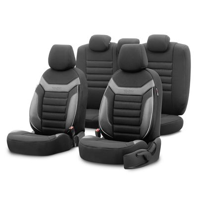 Otom Huse Scaune Auto Negru Lux Premium Piele ecologică si textil Set Complet INDIVIDUAL Design Negru cu cusături Alb
