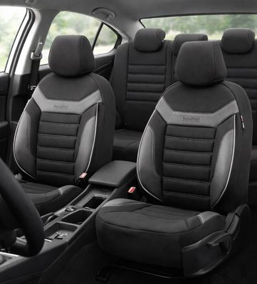 Otom Huse Scaune Auto Negru Lux Premium Piele ecologică si textil Set Complet INDIVIDUAL Design Negru cu cusături Alb