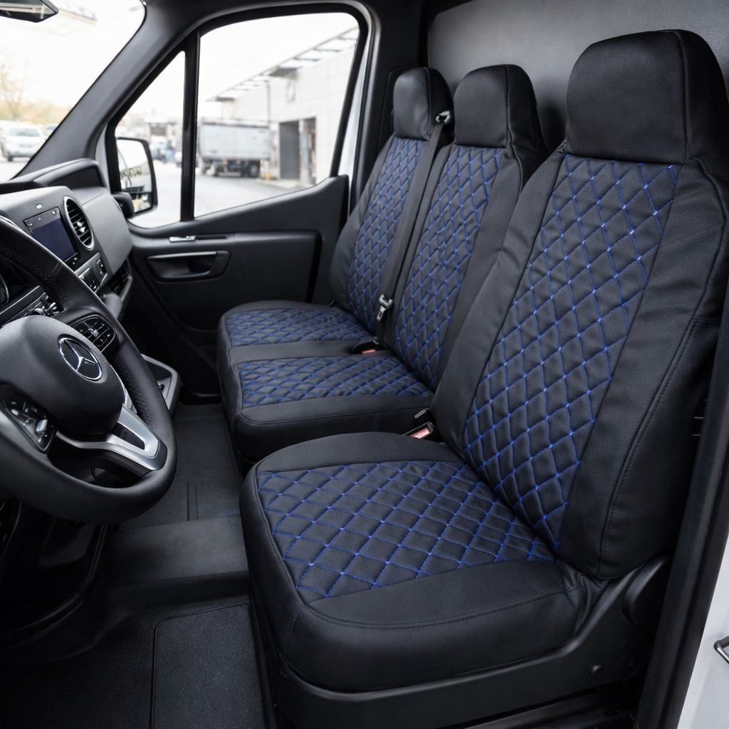 ​2+1 Huse Scaune pentru microbuze Ford Transit,Mercedes Sprinter,Opel Movano,Renault Master,VWCrafter,VW Transporter,VW LT,Peugeot Boxer,Citroen Jumper Nergu Albastru Lux PU Piele