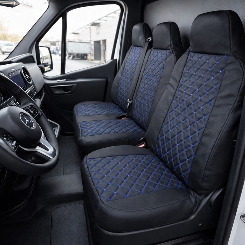 ​2+1 Huse Scaune pentru microbuze Ford Transit,Mercedes Sprinter,Opel Movano,Renault Master,VWCrafter,VW Transporter,VW LT,Peugeot Boxer,Citroen Jumper Nergu Albastru Lux PU Piele