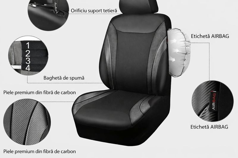 Huse Scaune pentru Masini Auto Universal Nergu Lux Fibra de Carbon Piele Textil Set Complet