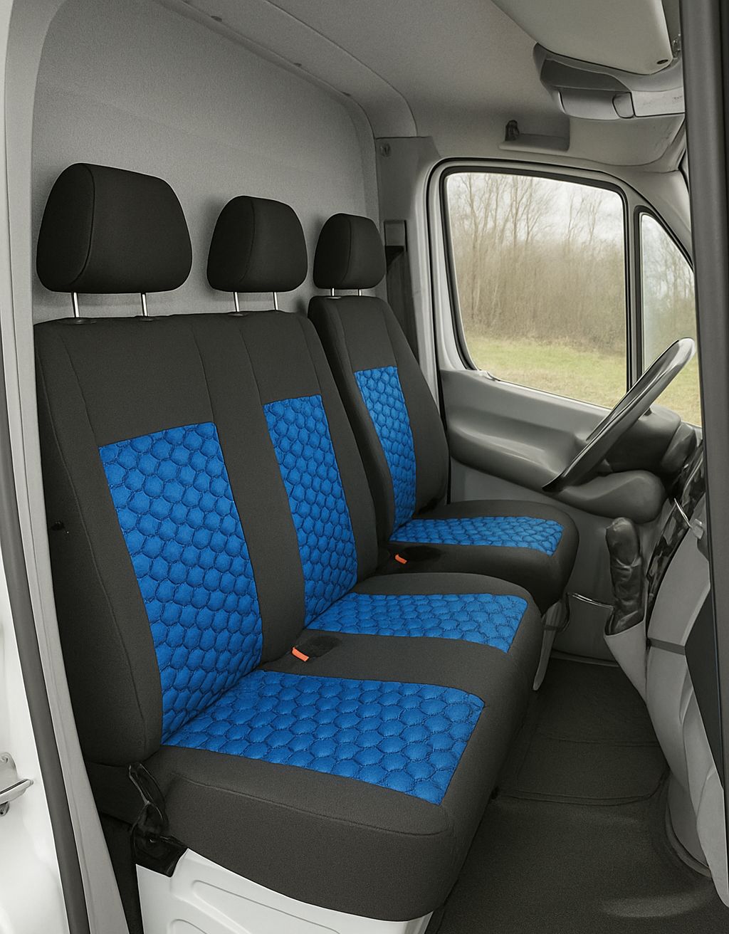 ​2+1 Huse Scaune Microbuze Bus pentru Ford Transit,Mercedes Sprinter,Opel Movano,Renault Master,VWCrafter,VW Transporter,VW LT,Peugeot Boxer,Citroen Jumper Nergu Albastru Lux PU Piele