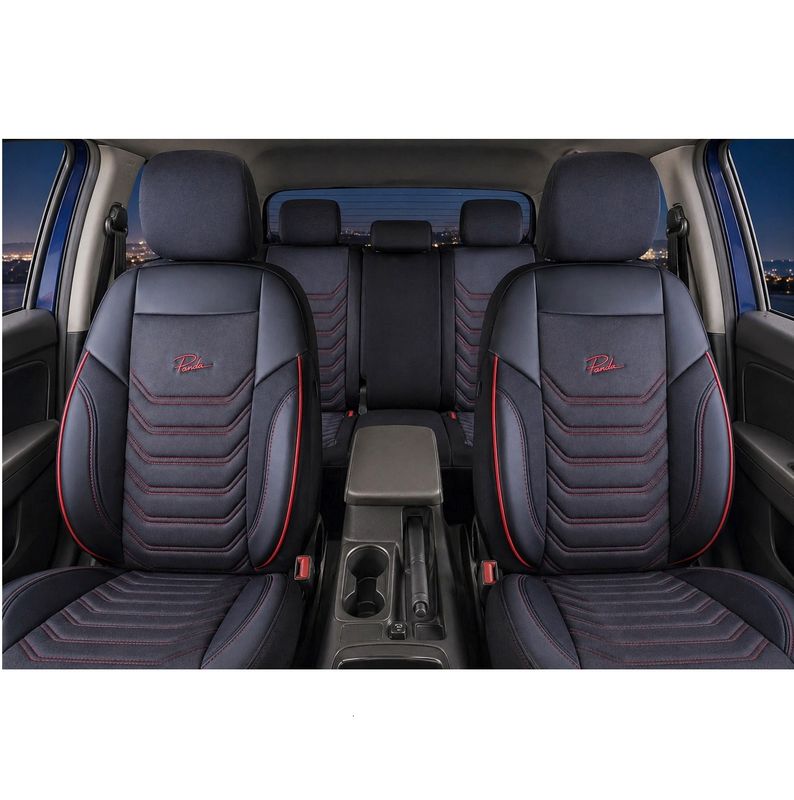 Huse Scaune PANDA FLORIDA pentru Masini Auto Universal Nergu Rosu Lux PU Piele Textil Set Complet