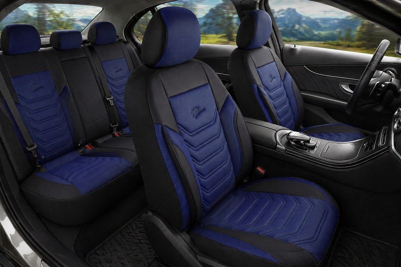 Huse Scaune PANDA FLORIDA pentru Masini Auto Universal Nergu Albastru Lux PU Piele Textil Set Complet