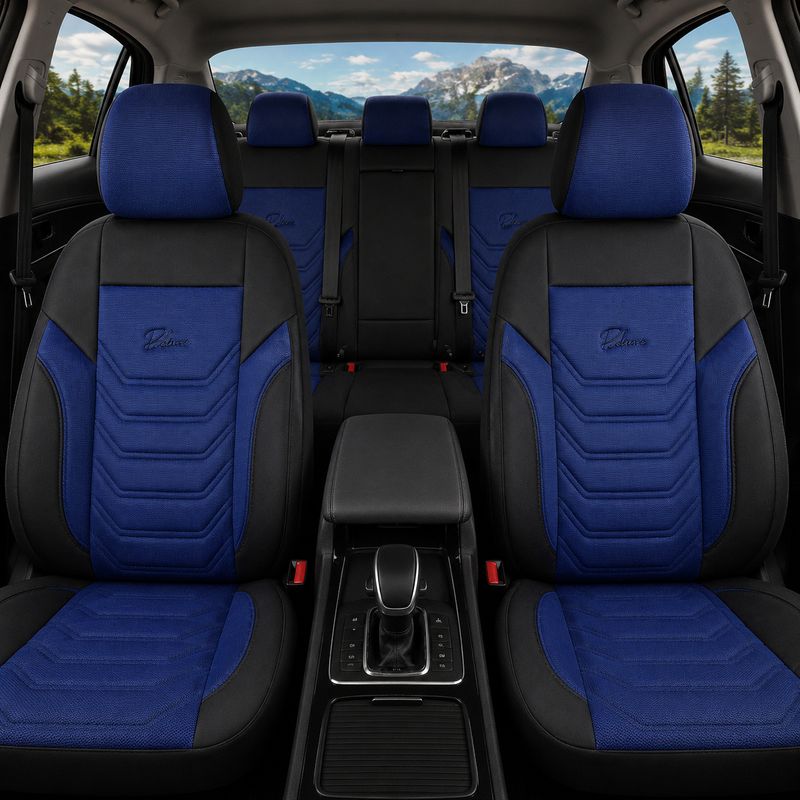 Huse Scaune PANDA FLORIDA pentru Masini Auto Universal Nergu Albastru Lux PU Piele Textil Set Complet