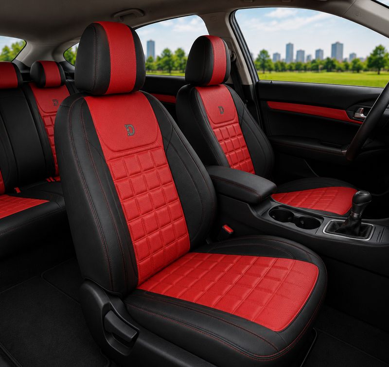 Huse Scaune pentru Masini Auto Universal Negru Rosu Lux PU Piele Set Complet