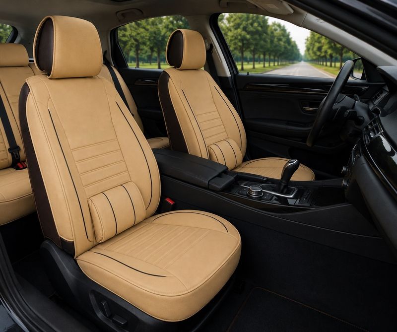 Huse Scaune Auto Universal Tapiţerie Masini Bej Lux PU Piele Set Complet