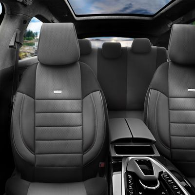 Otom Huse Scaune Auto Universal Tapiţerie Masini Negru Gri Lux PU Piele si Textile Set Complet