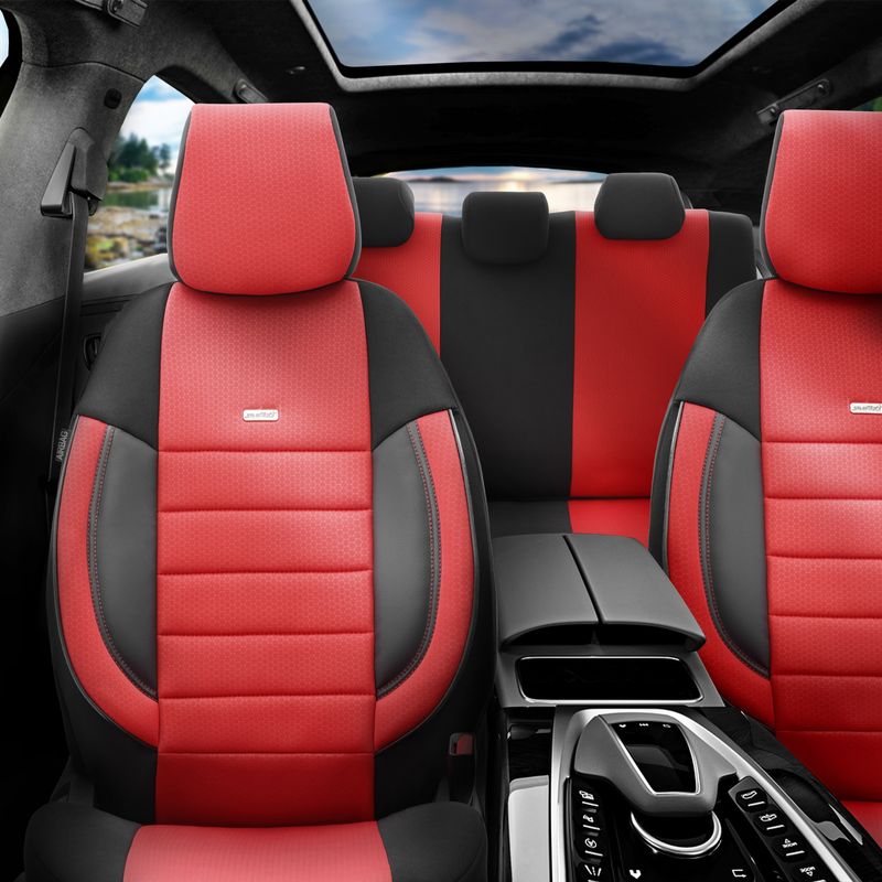 Otom Huse Scaune Auto Universal Tapiţerie Masini Negru Rosu Lux PU Piele si Textile Set Complet