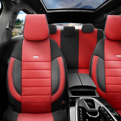 Otom Huse Scaune Auto Universal Tapiţerie Masini Negru Rosu Lux PU Piele si Textile Set Complet