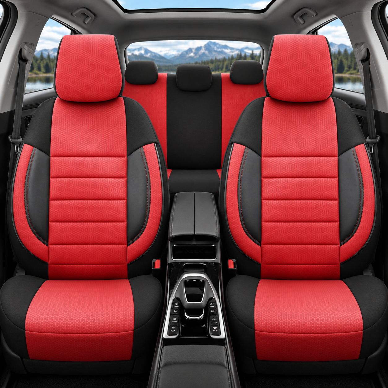 Otom Huse Scaune Auto Universal Tapiţerie Masini Negru Rosu Lux PU Piele si Textile Set Complet