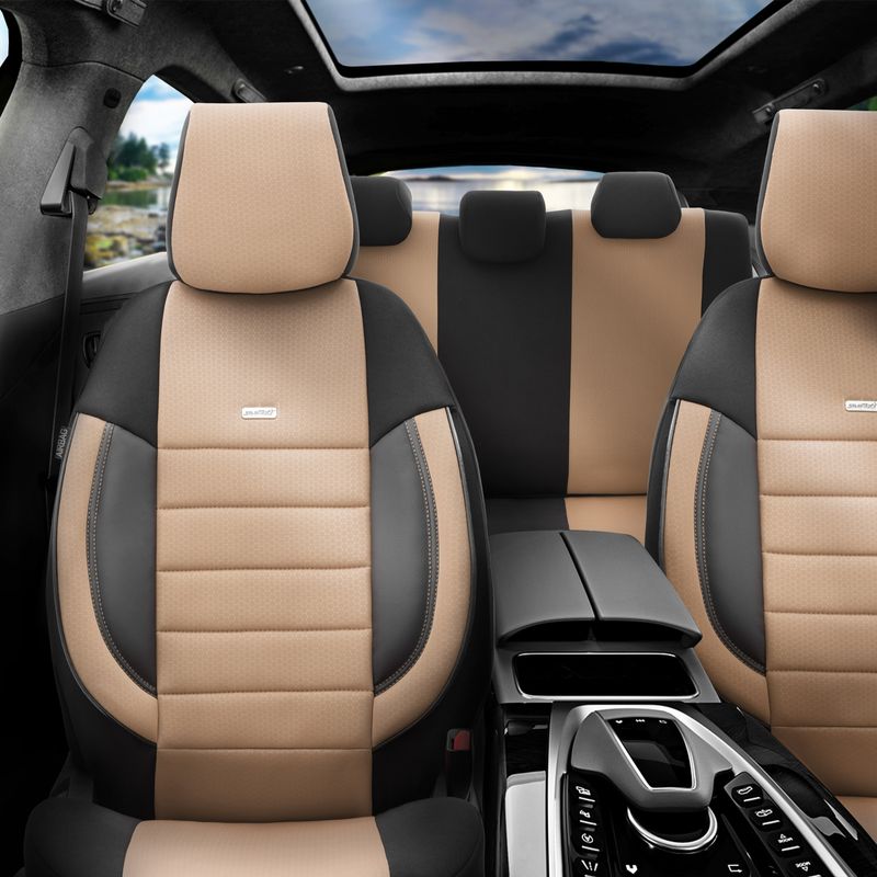 Otom Huse Scaune Auto Universal Tapiţerie Masini Negru Bej Lux PU Piele si Textile Set Complet