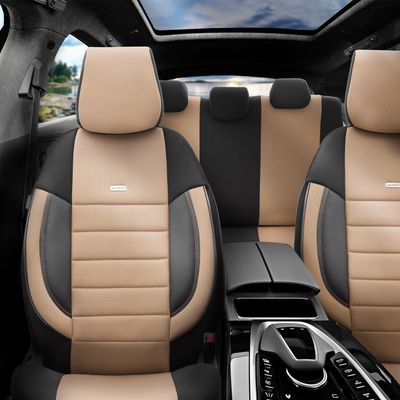 Otom Huse Scaune Auto Universal Tapiţerie Masini Negru Bej Lux PU Piele si Textile Set Complet