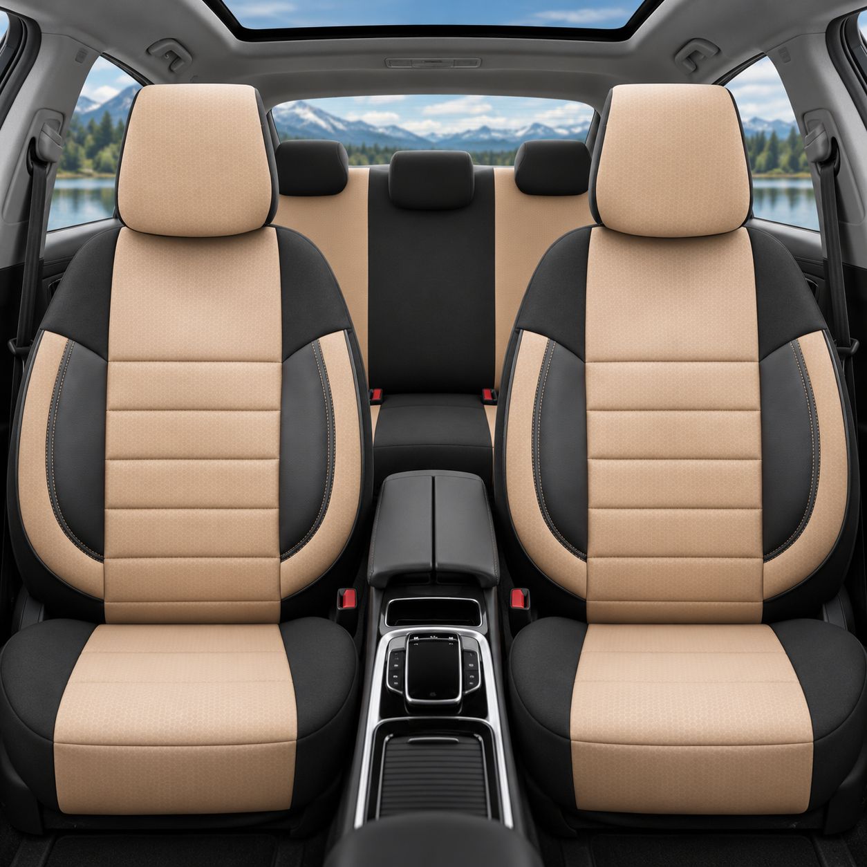 Otom Huse Scaune Auto Universal Tapiţerie Masini Negru Bej Lux PU Piele si Textile Set Complet