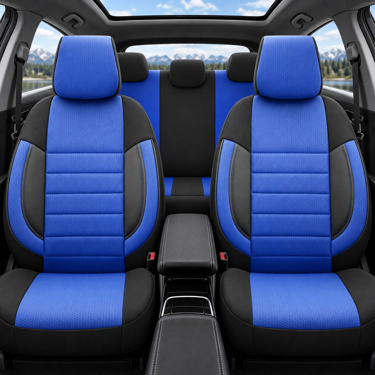 Otom Huse Scaune Auto Universal Tapiţerie Masini Negru Albastru Lux PU Piele si Textile Set Complet