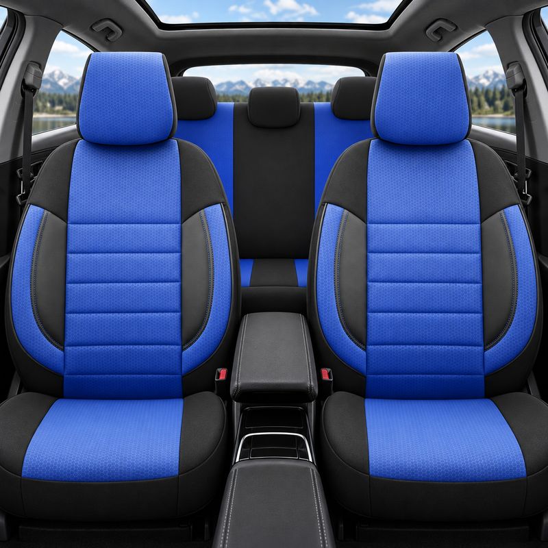 Otom Huse Scaune Auto Universal Tapiţerie Masini Negru Albastru Lux PU Piele si Textile Set Complet