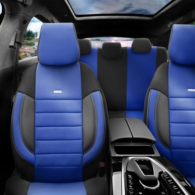 Otom Huse Scaune Auto Universal Tapiţerie Masini Negru Albastru Lux PU Piele si Textile Set Complet