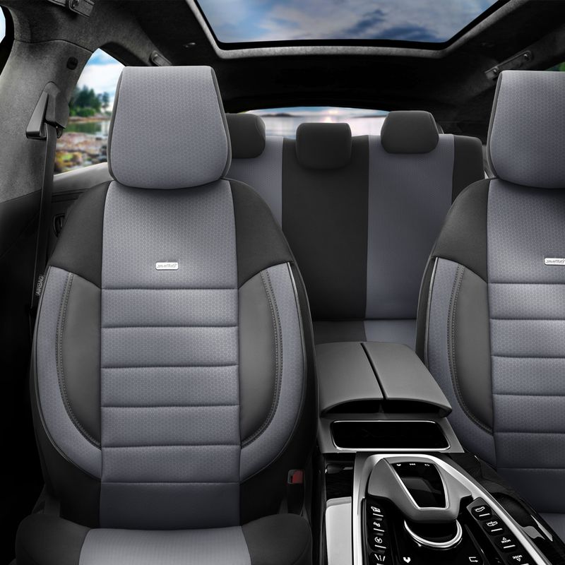 Otom Huse Scaune Auto Universal Tapiţerie Masini Negru Gri Deschis Lux PU Piele si Textile Set Complet