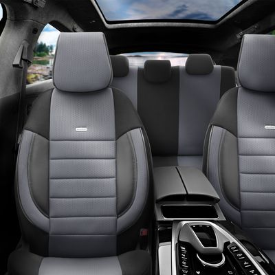 Otom Huse Scaune Auto Universal Tapiţerie Masini Negru Gri Deschis Lux PU Piele si Textile Set Complet