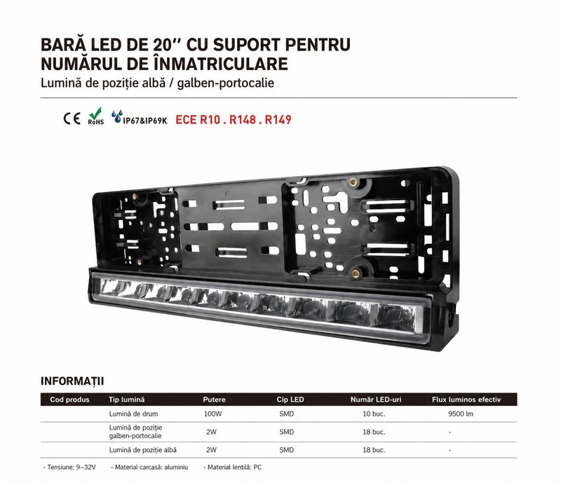 Ramă pentru plăcuță de înmatriculare cu bară LED încorporată, 51cm, 12v 24v, lumină de poziție DRL albă și portocalie, pentru rularea pe timp de zi