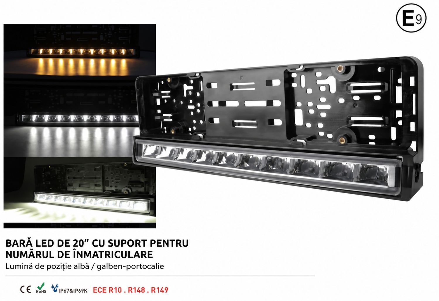 Ramă pentru plăcuță de înmatriculare cu bară LED încorporată, 51cm, 12v 24v, lumină de poziție DRL albă și portocalie, pentru rularea pe timp de zi