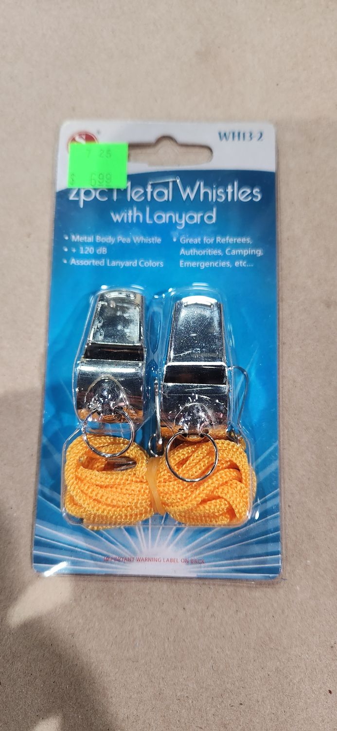 2pk METAL WHISTLE W/LANYARD