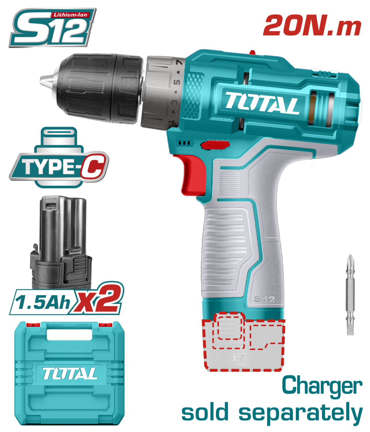 Total 12V Lithium-Ion Cordless Drill- TDLI12202