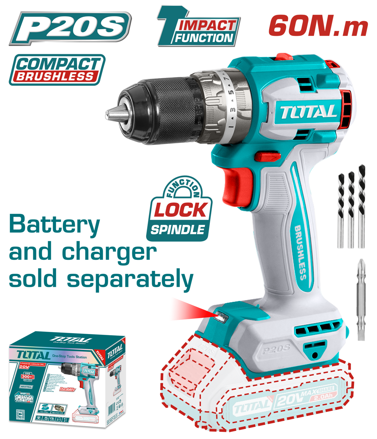 Total 20v Lithium-Ion Compact Brushless Impact Drill- TIDLI206021