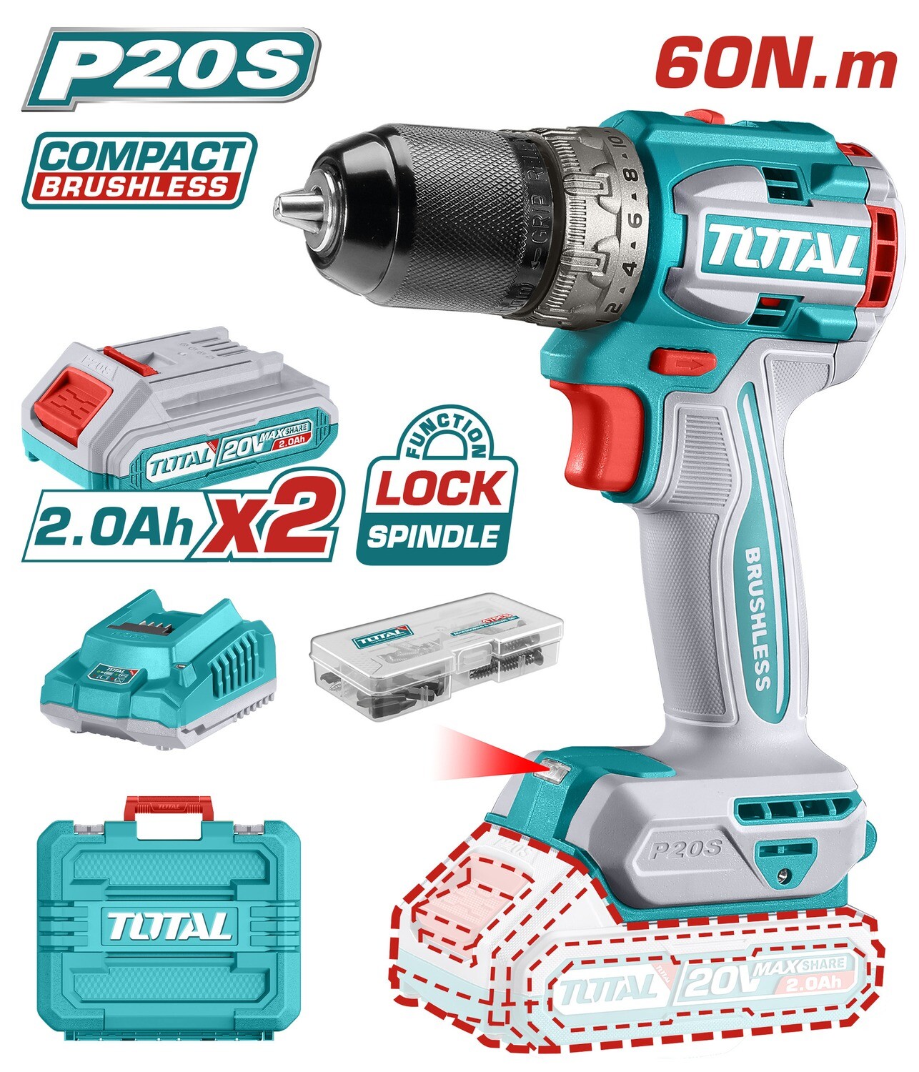 Total 20v Lithium-Ion Compact Brushless Cordless Drill - TDLI20602