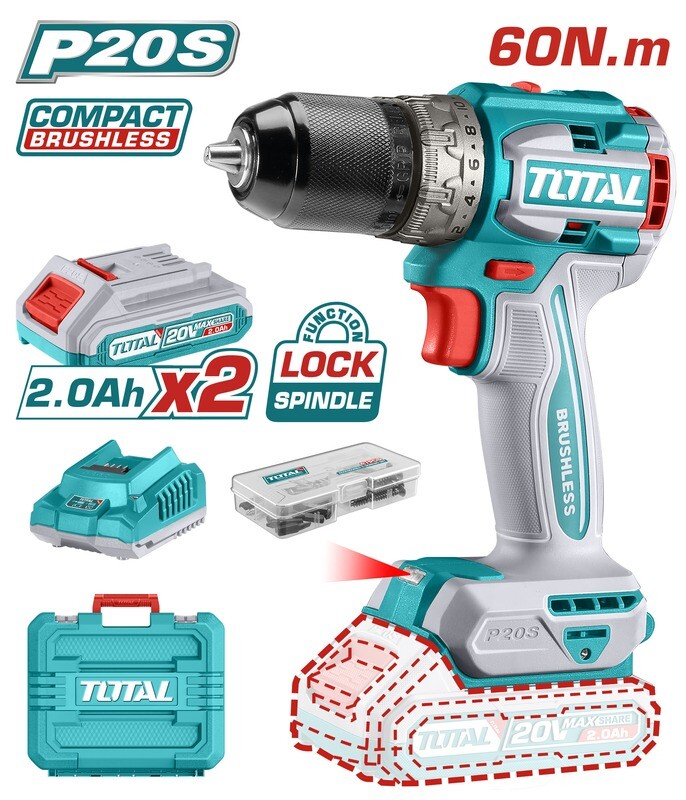 Total 20V 55Nm Brushless Cordless Drill with 2 Batteries, 47-Piece Accessory Kit &amp; Carrying Case- TIDLI20558