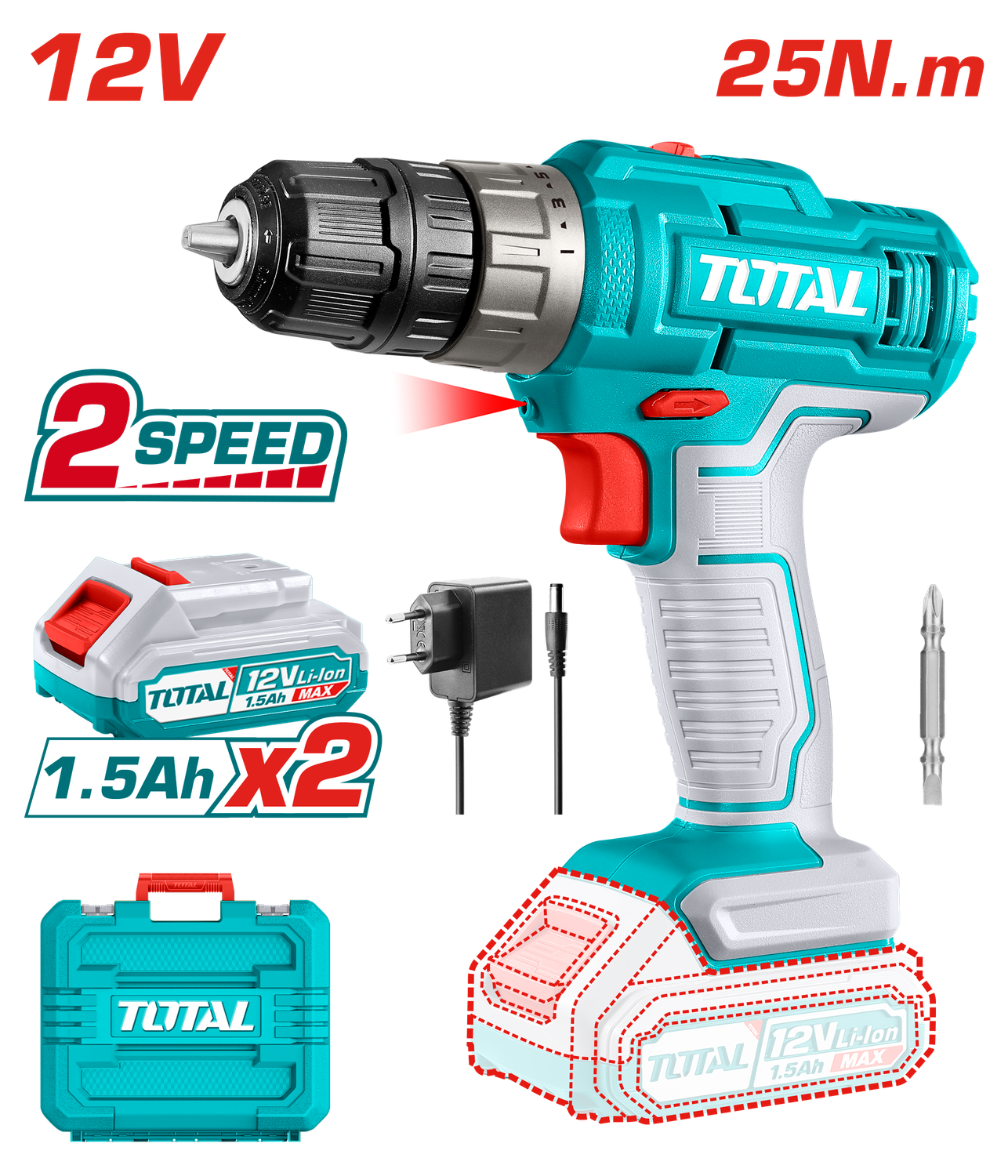 Total 12V 25Nm Lithium-Ion Cordless Drill - TIDLI1228