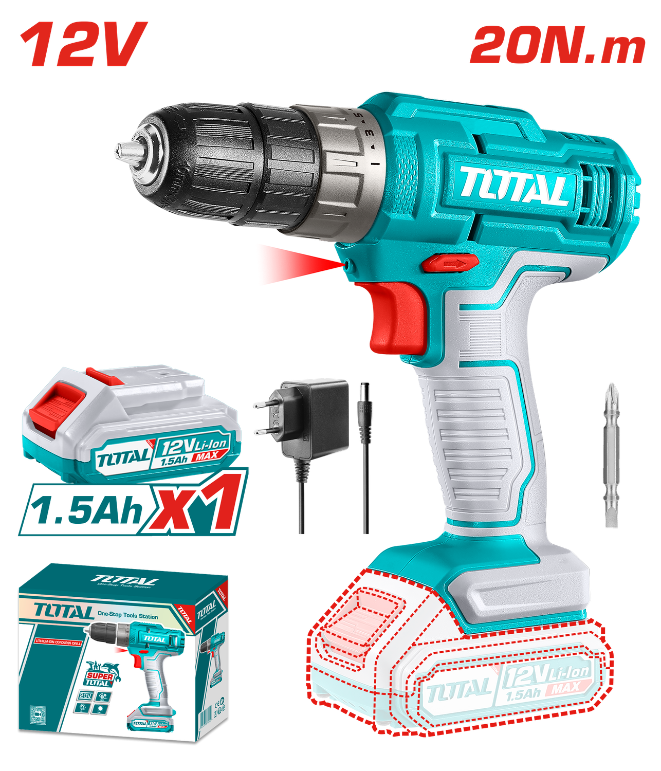 Total 12V Lithium-Ion Cordless Drill - TDLI1218