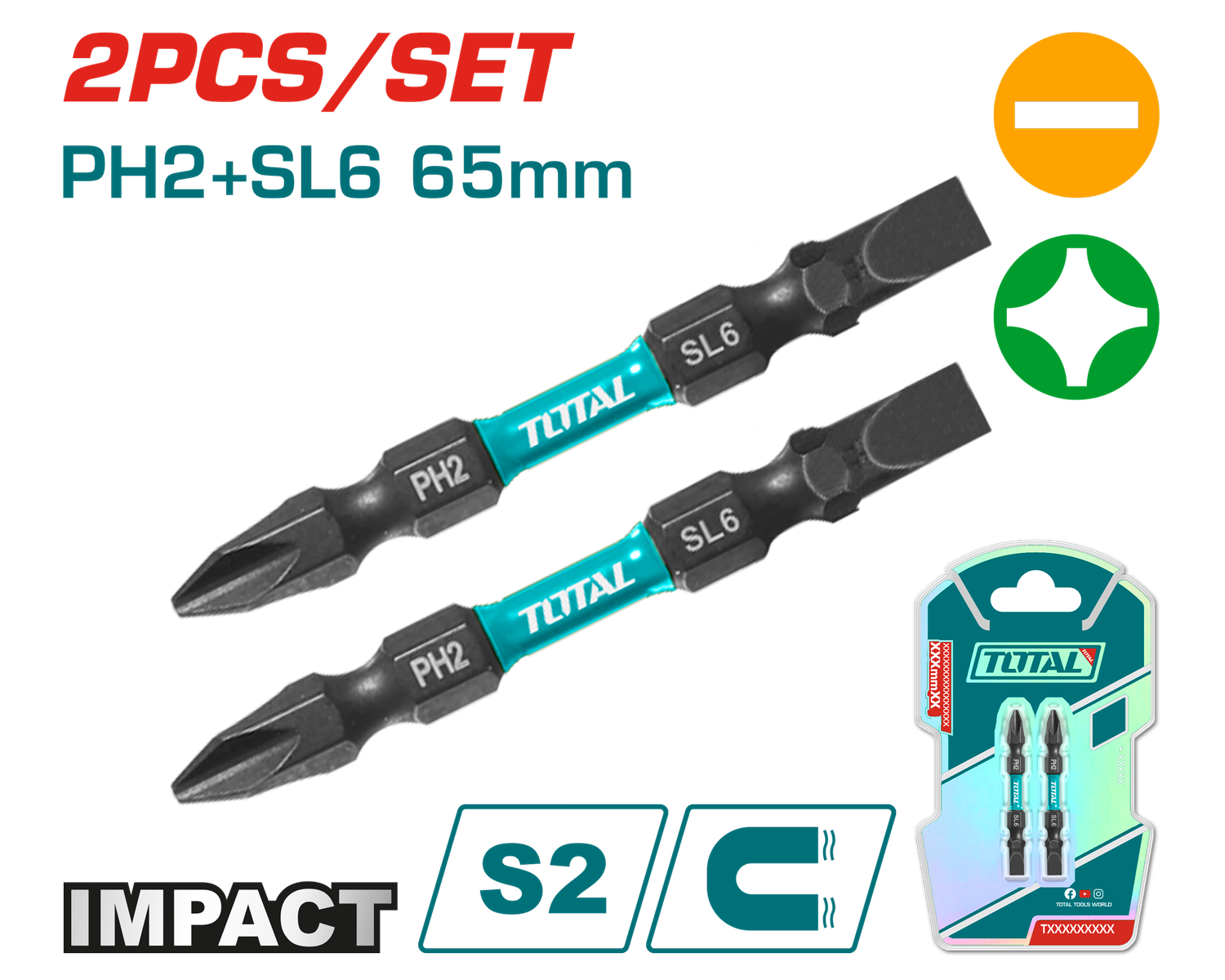 Total 2PCS 65mm Impact Screwdriver Bits Set - TACIM72HL665