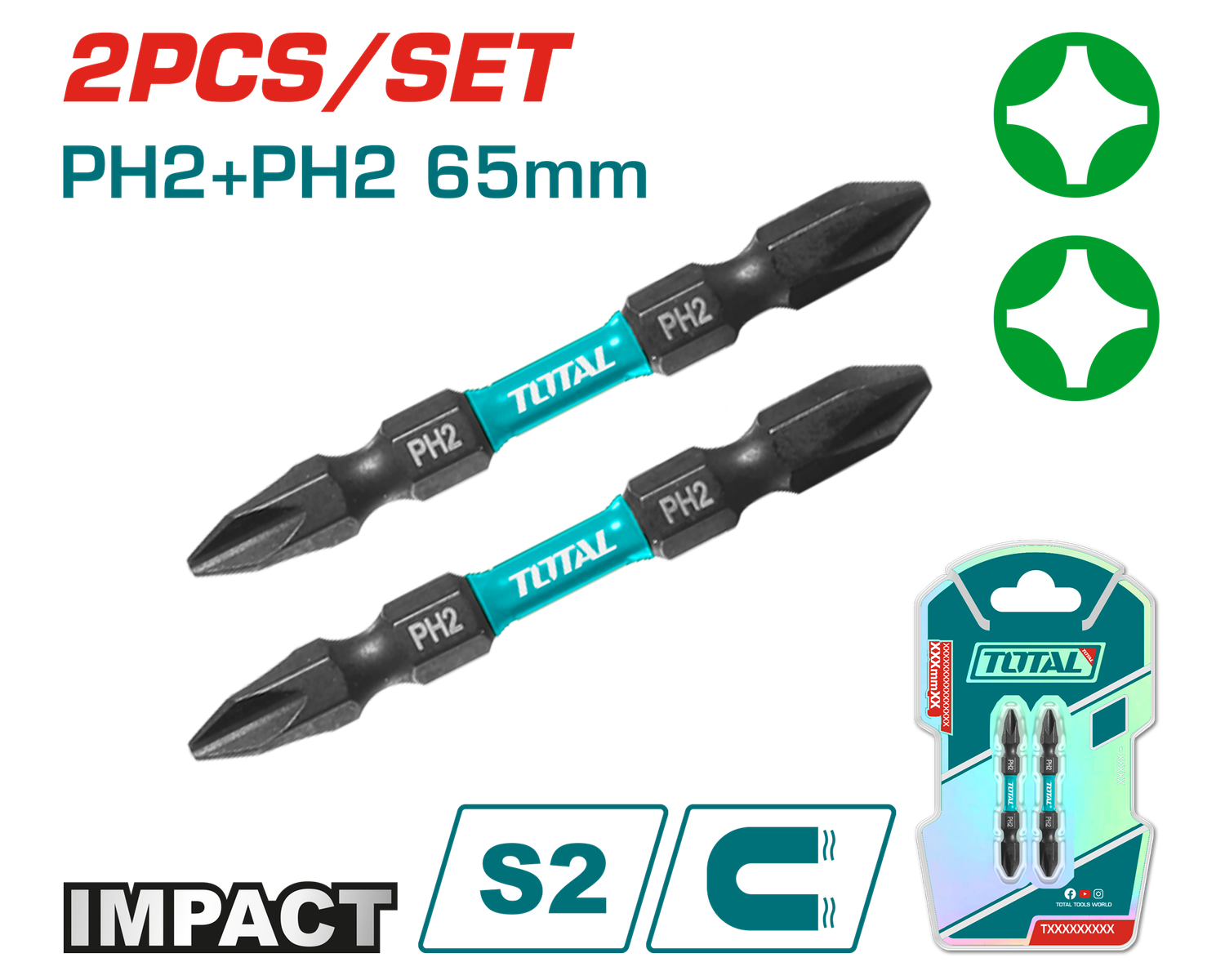 Total PH2+PH2, 2PCS 65mm Impact Screwdriver Bits Set - TACIM72PH265
