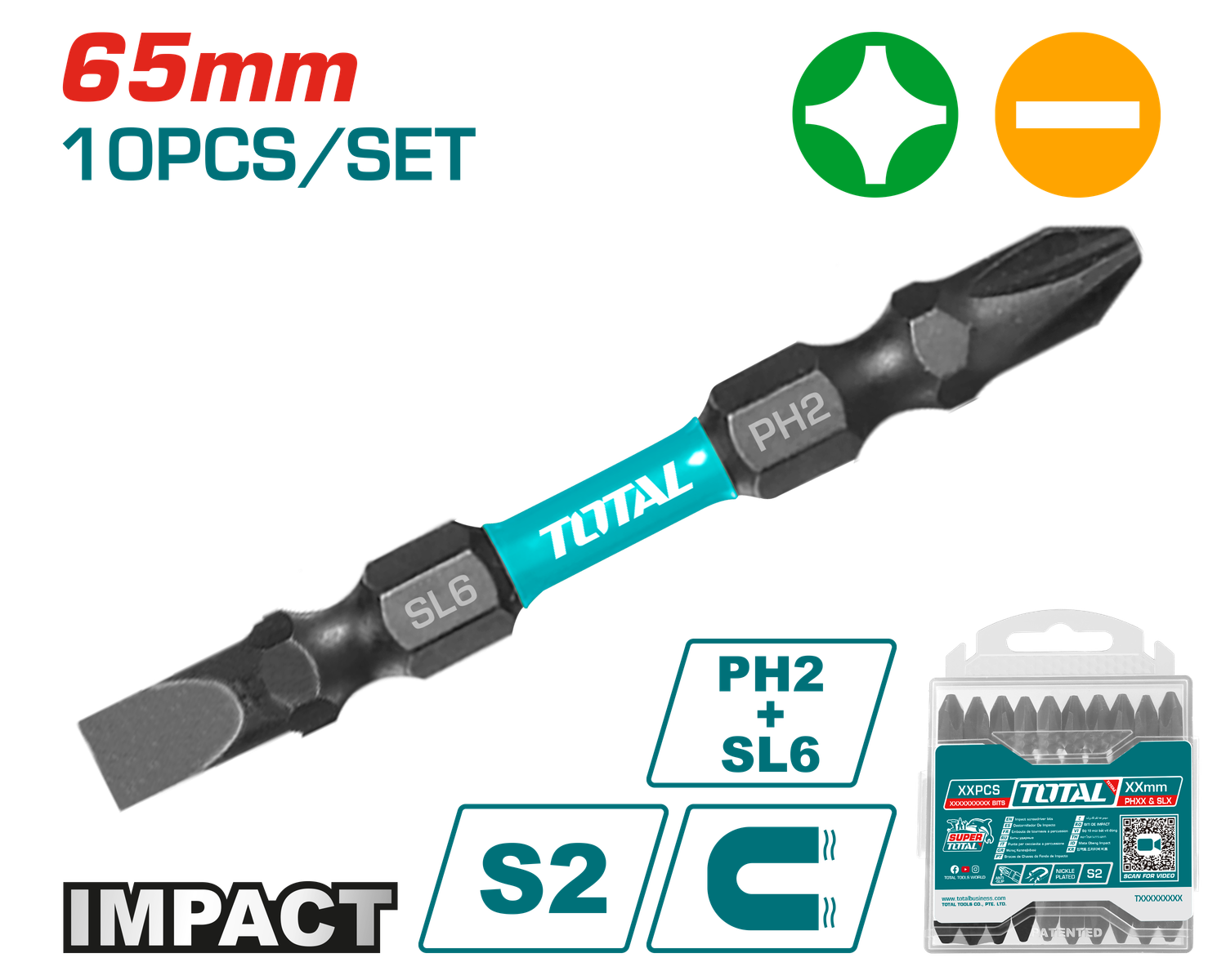 Total 10PCS 65mm Impact Screwdriver Bits Set - TACIM16HL133