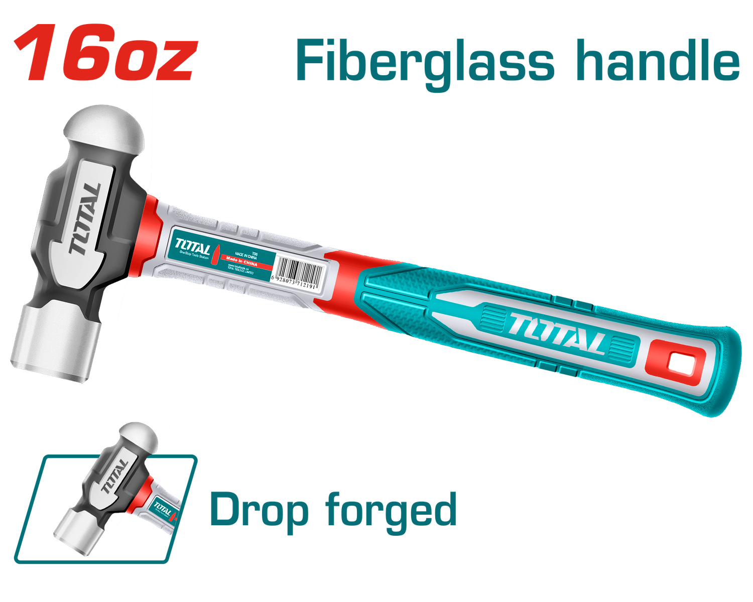 Total 450g Ball Pein Fiberglass Handle Hammer- THBPH61016