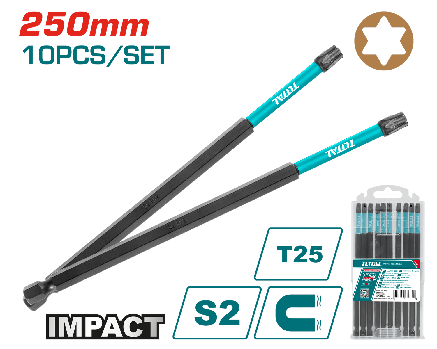 Total 10PCS 250mm Impact Screwdriver Bits Set - TACIM16T25103
