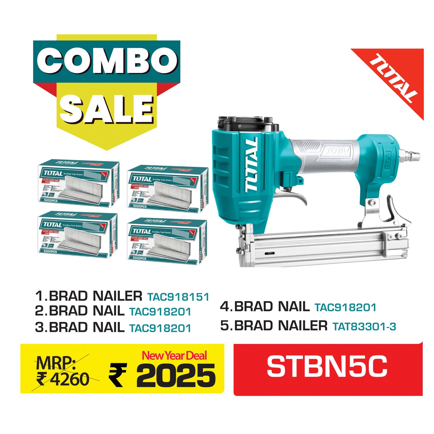 SUPER 2025 TOTAL BRAD NAILER 5 PCS COMBO - STBN5C