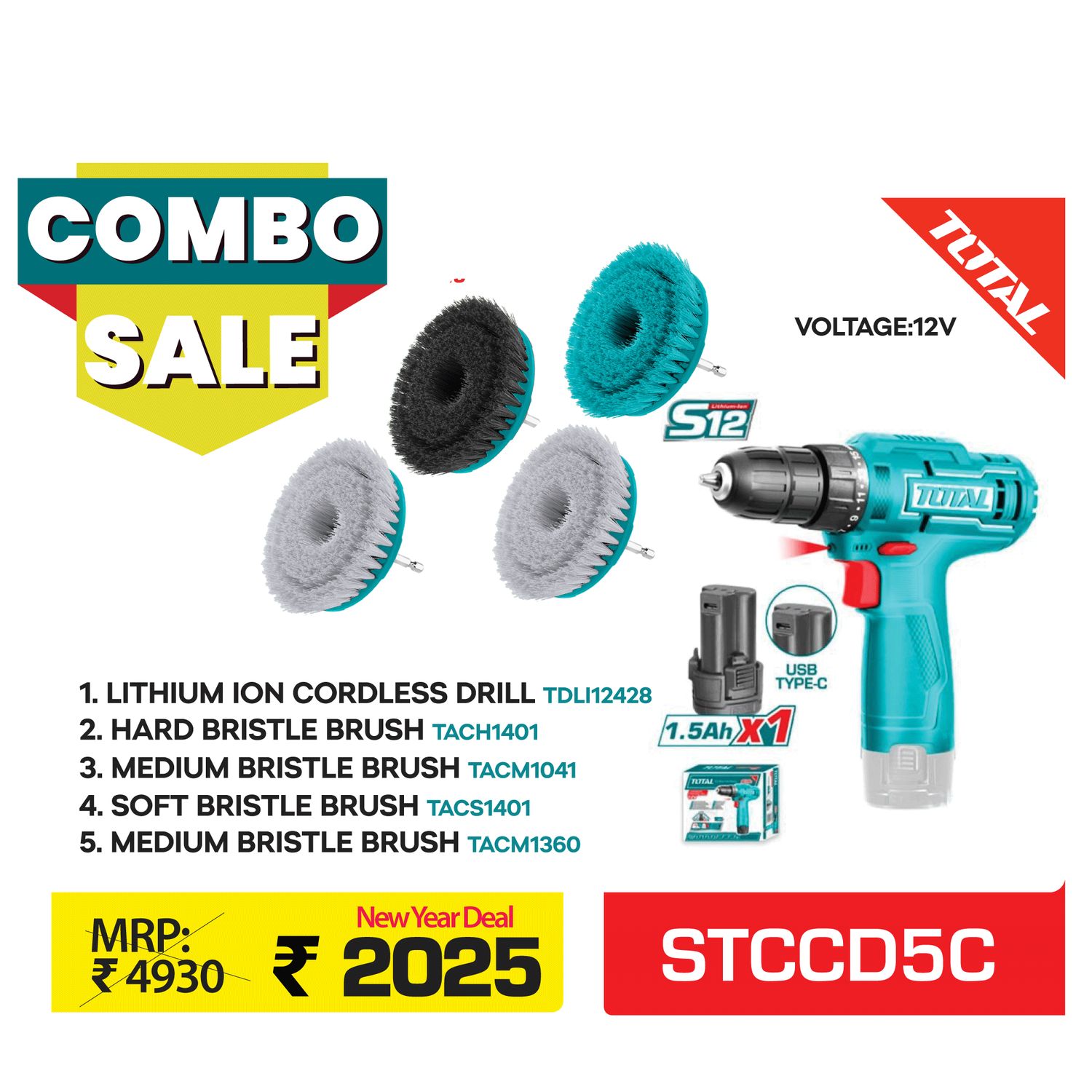 SUPER 2025 TOTAL CORDLESS CLEANING DRILL 5 PCS COMBO - STCCD5C